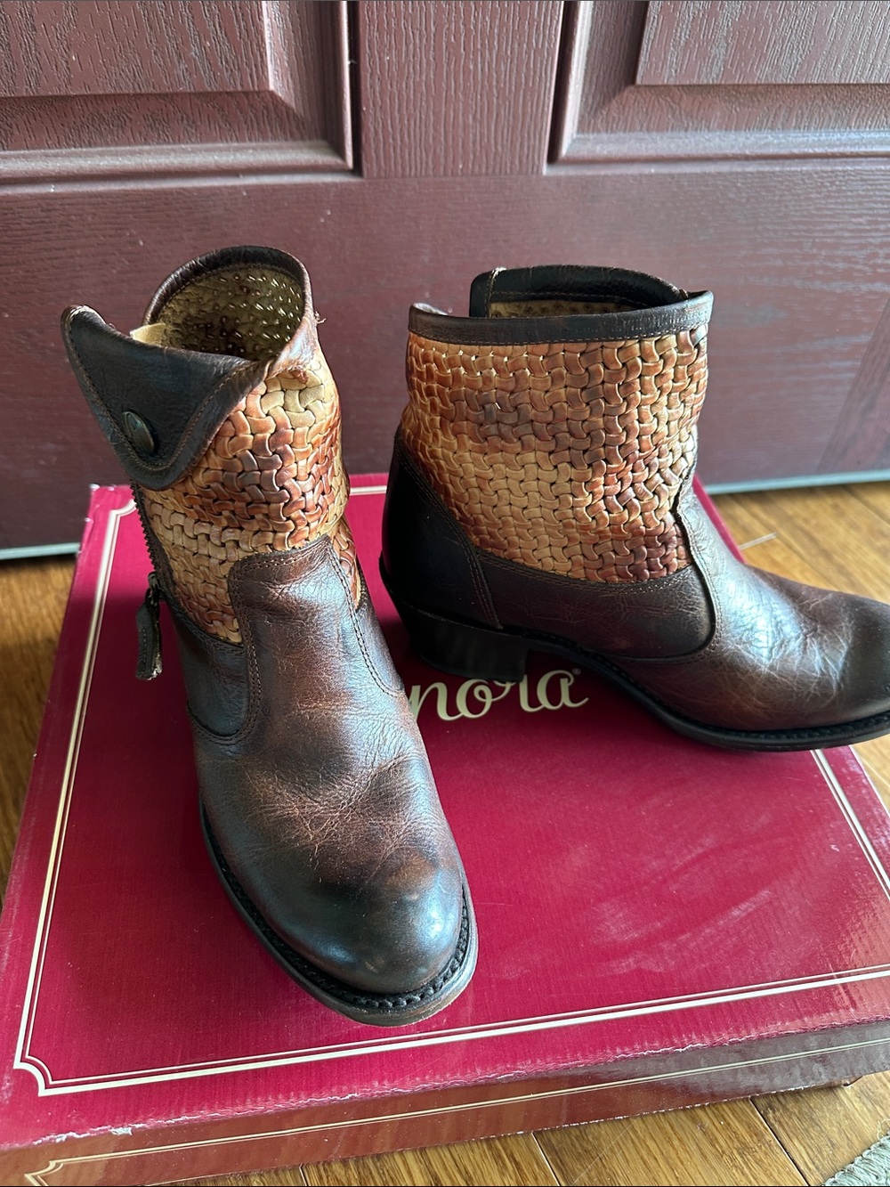 Woven Leather Ankle Booties in Two-Tone Brown